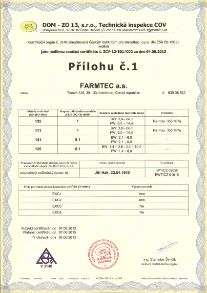 Certifikát svařování - příloha 1